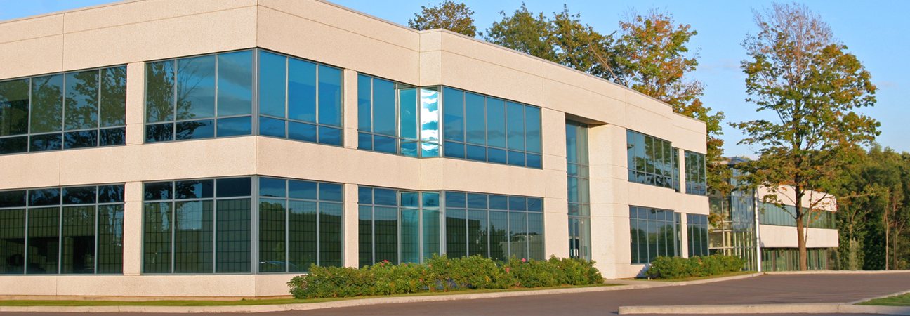 A two-storey glass-fronted office building