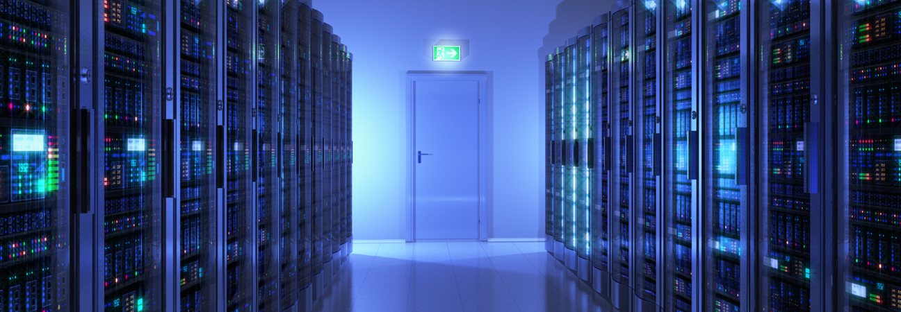 Aisles of server racks in a data centre